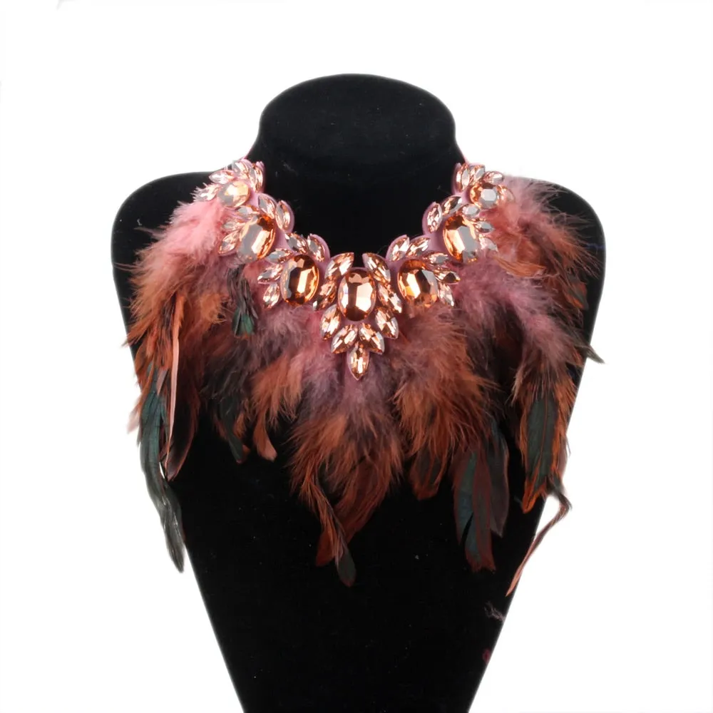 Chunky Feather Crystal Pendant Necklace