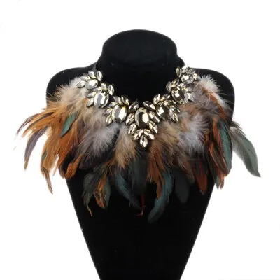 Chunky Feather Crystal Pendant Necklace
