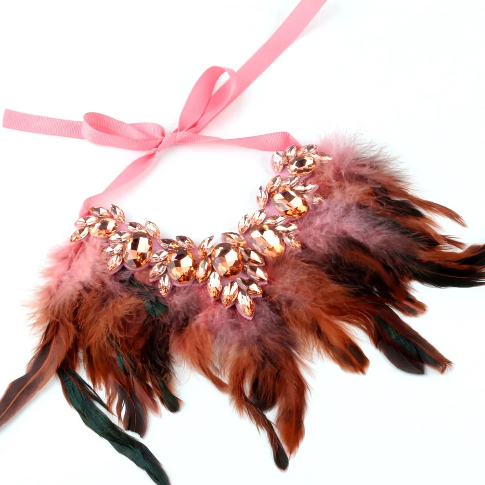 Chunky Feather Crystal Pendant Necklace