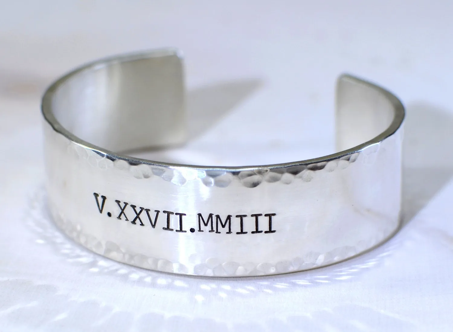 Chunky Style Roman Numeral Sterling Silver Bracelet with Hammered Edges