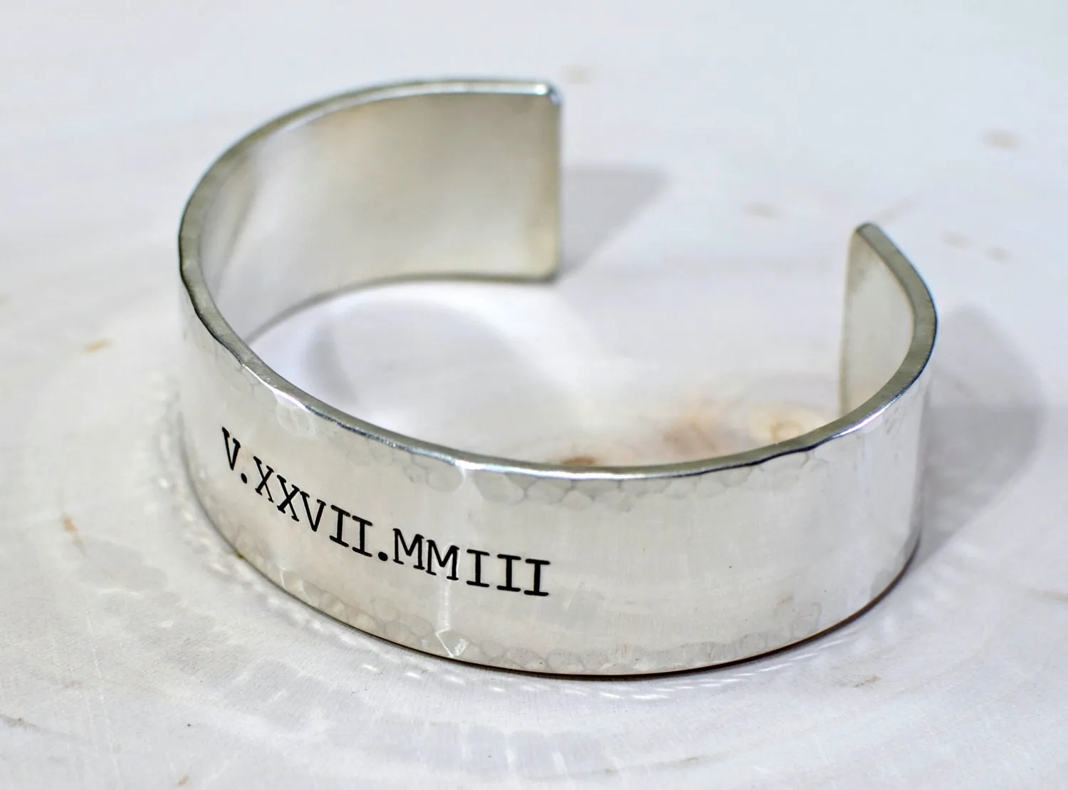 Chunky Style Roman Numeral Sterling Silver Bracelet with Hammered Edges