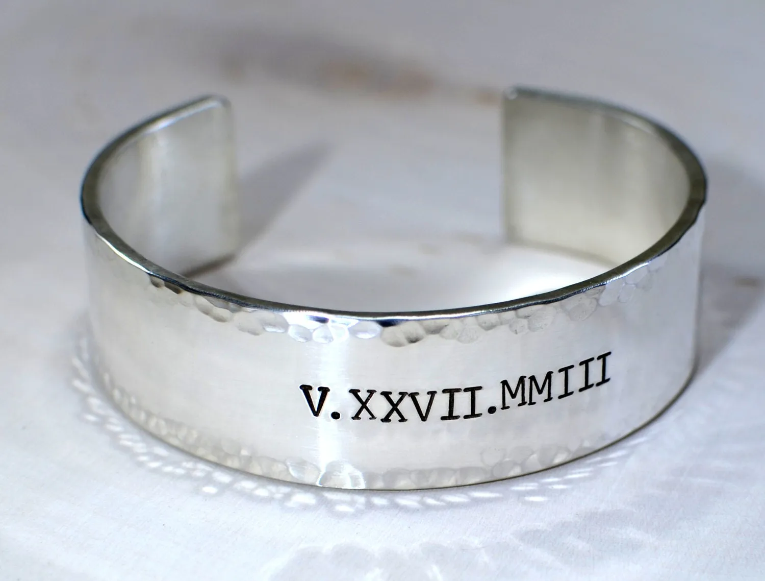Chunky Style Roman Numeral Sterling Silver Bracelet with Hammered Edges