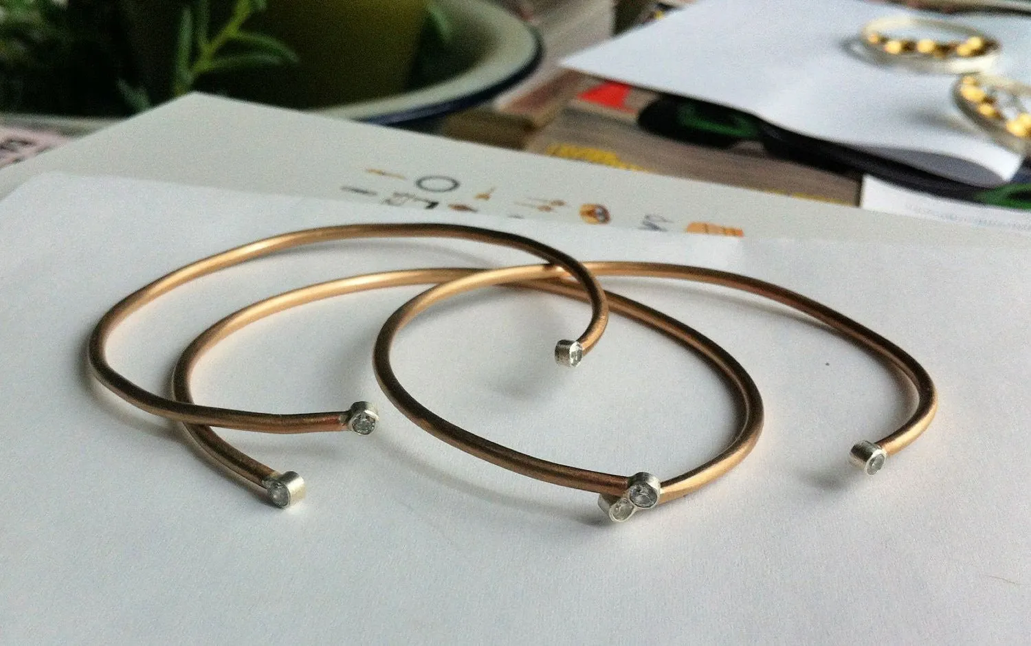 Classic Affordable Elegance Three Gold Colored Brass Cuff With Two CZ  Bracelet - 0031