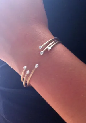 Classic Affordable Elegance Three Gold Colored Brass Cuff With Two CZ  Bracelet - 0031