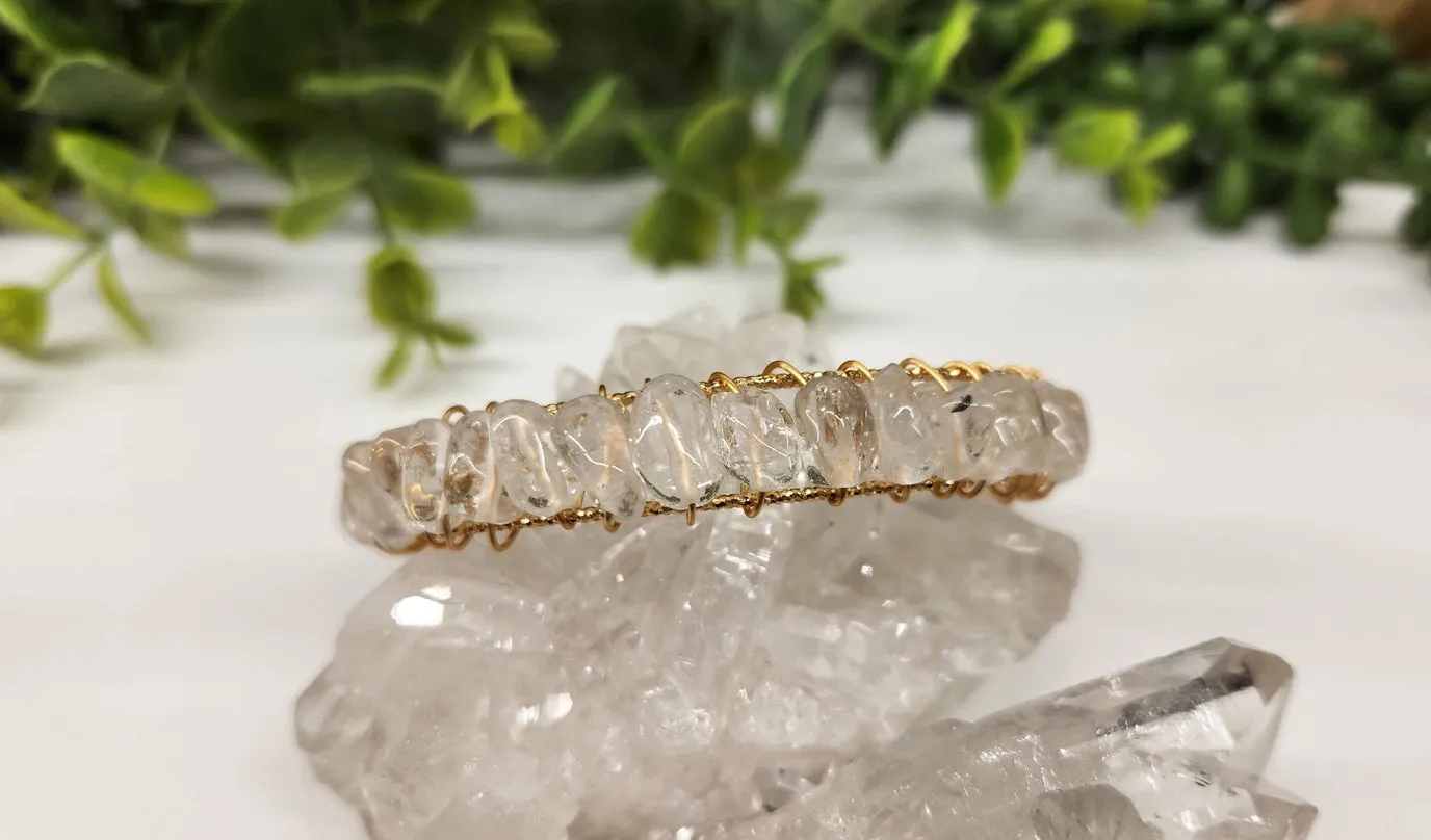 Clear Quartz Polished Beads, White or Yellow Gold Overlay  Cuff / Bangle Bracelet  FB3430