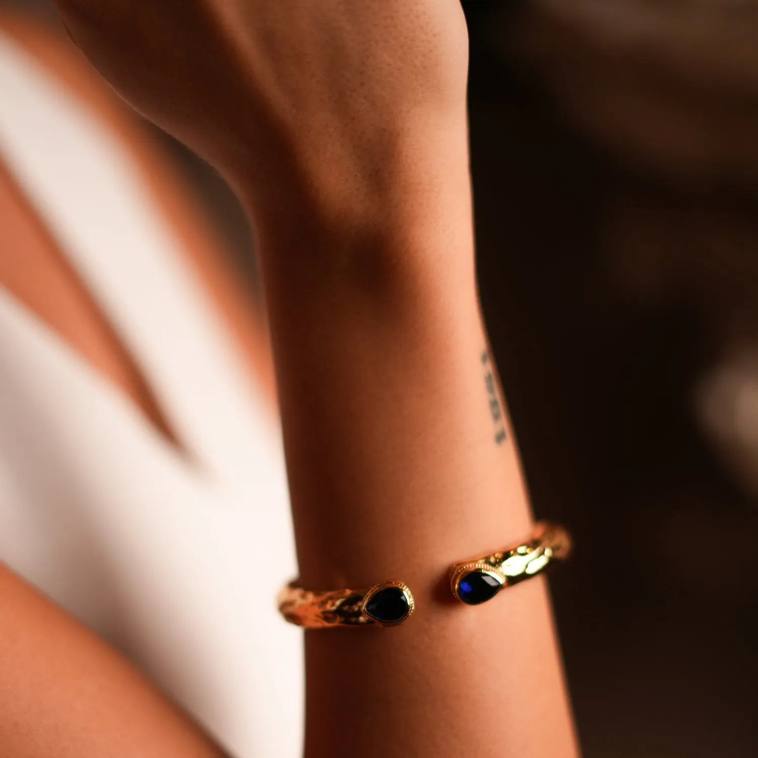 Cleopatra Sapphire Stone & Gold Cuff Chunky Bracelet