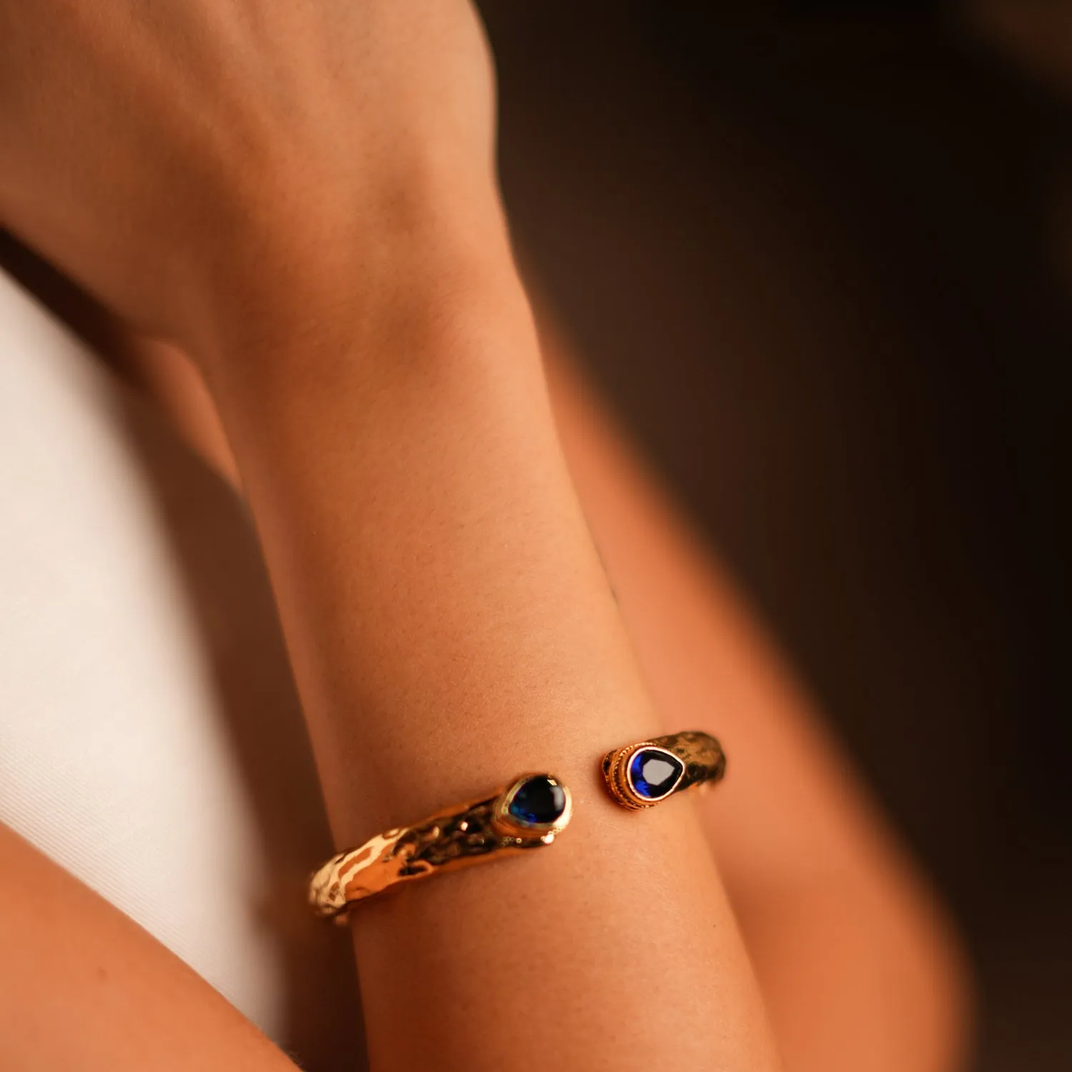 Cleopatra Sapphire Stone & Gold Cuff Chunky Bracelet