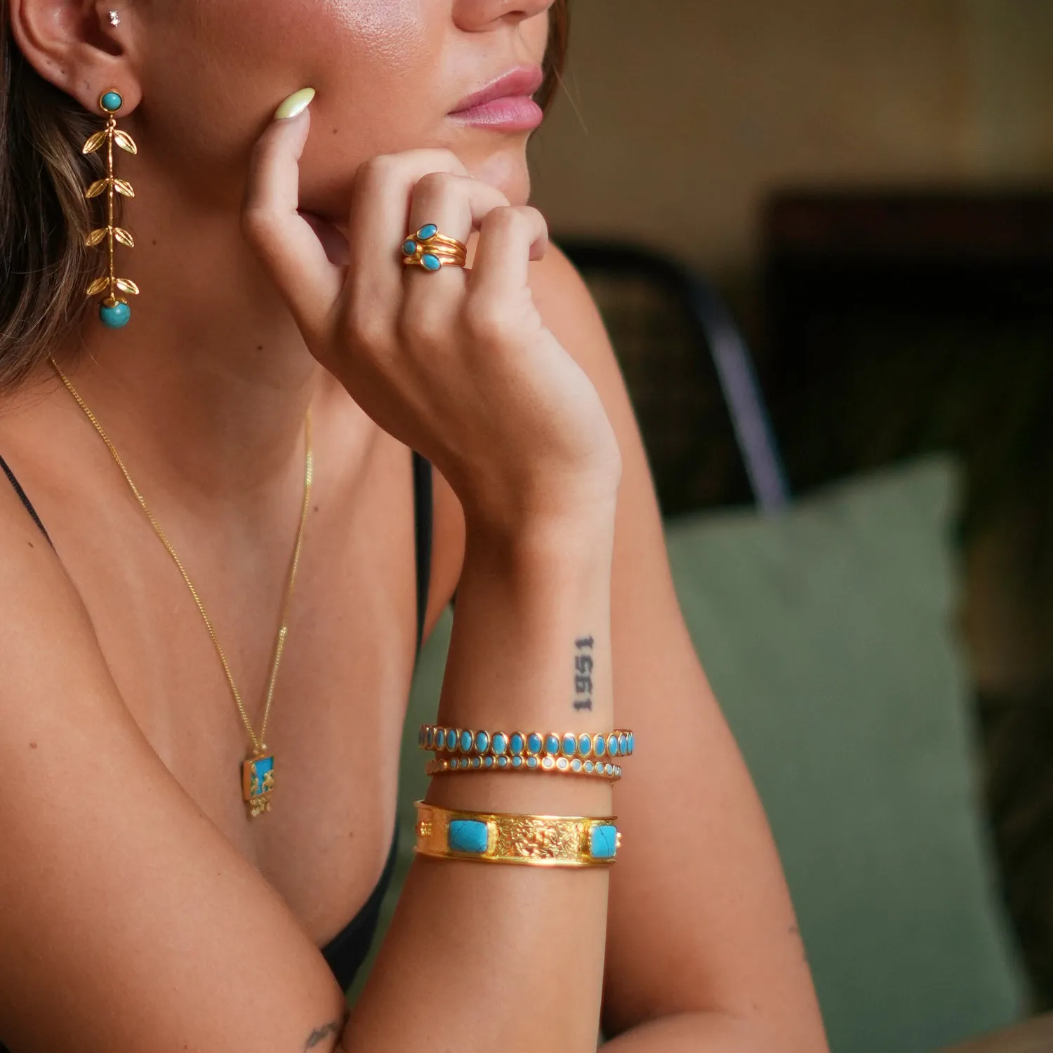 Cleopatra Turquoise Gemstone & Gold Antique Cuff Bracelet