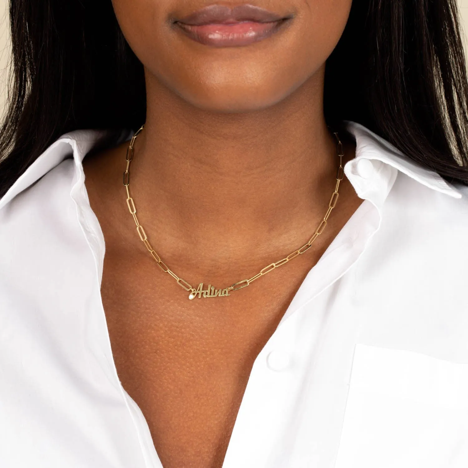 Colored CZ Script Name Paperclip Necklace