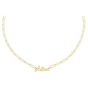 Colored CZ Script Name Paperclip Necklace