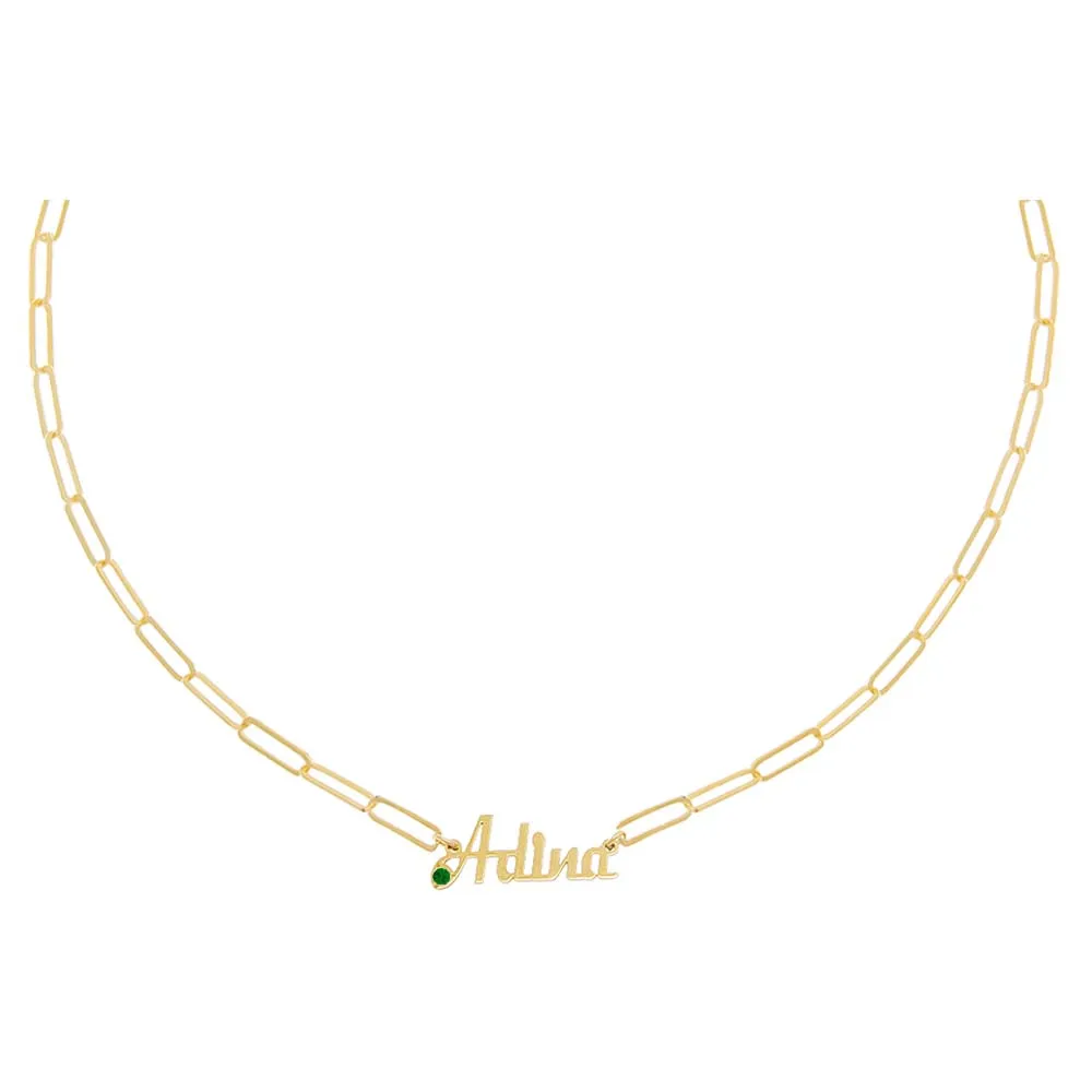 Colored CZ Script Name Paperclip Necklace