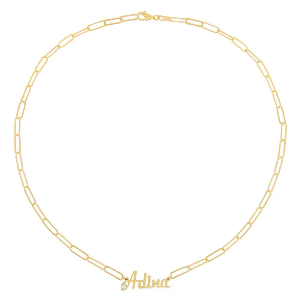 Colored CZ Script Name Paperclip Necklace