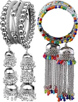 Combo of 2 Silver Bangle Bracelet with Hanging Jhumki