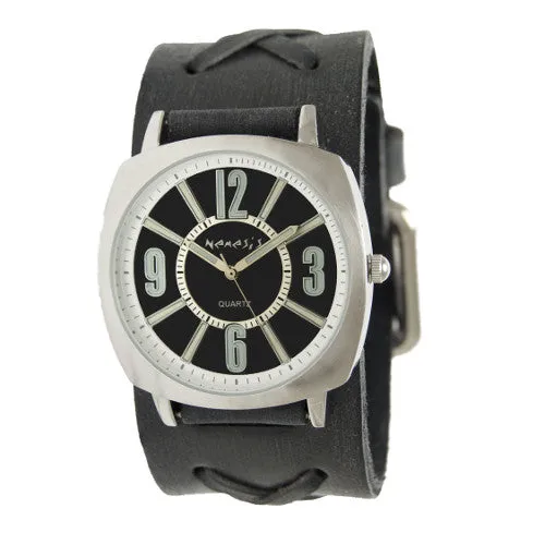 Comely Black Watch with X Distressed Black Leather Cuff FXB110K