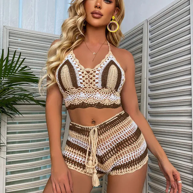 Crochet Bikini Sets Multi Color Knitted Rainbow Striped Off Shoulder
