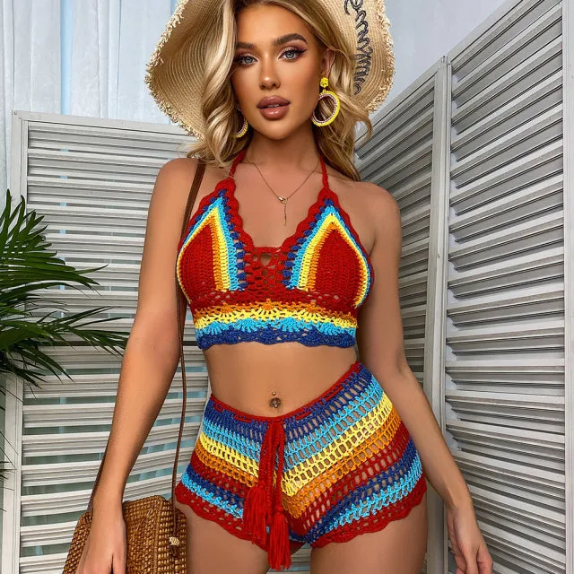 Crochet Bikini Sets Multi Color Knitted Rainbow Striped Off Shoulder