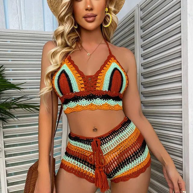 Crochet Bikini Sets Multi Color Knitted Rainbow Striped Off Shoulder