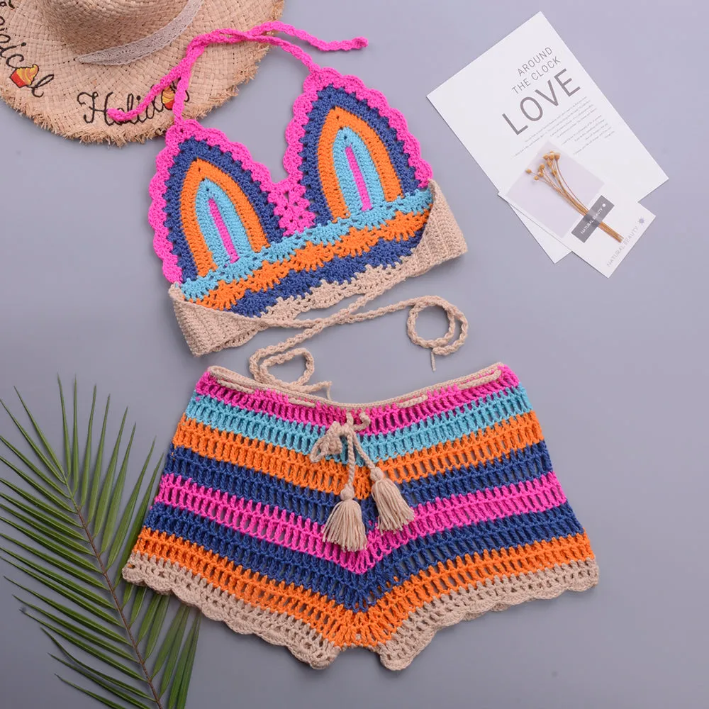 Crochet Bikini Sets Multi Color Knitted Rainbow Striped Off Shoulder