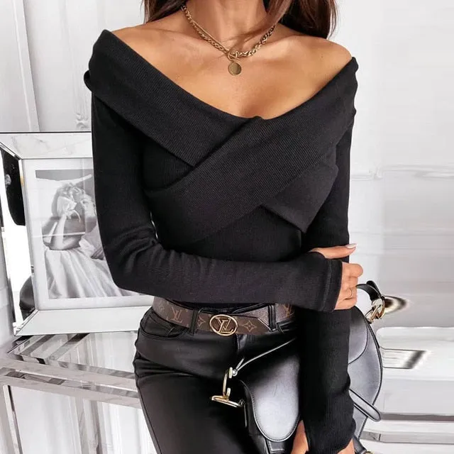 Cross V-Neck Autumn Long Sleeve Blouse