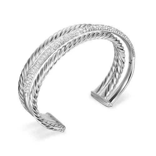 Crossover Three Row Cuff Bracelet in Sterling Silver with Diamonds, 20mm, Size Large