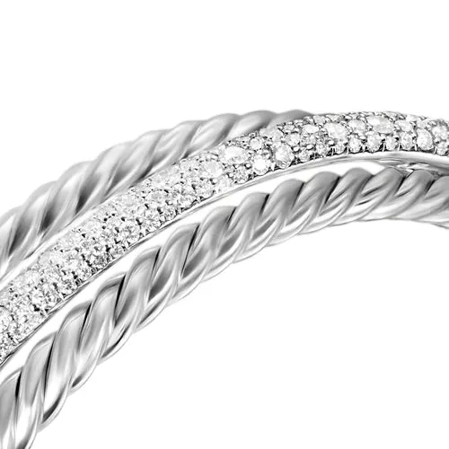 Crossover Three Row Cuff Bracelet in Sterling Silver with Diamonds, 20mm, Size Large