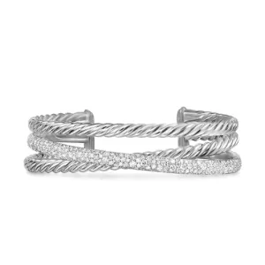 Crossover Three Row Cuff Bracelet in Sterling Silver with Diamonds, 20mm, Size Large