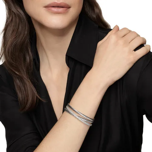 Crossover Three Row Cuff Bracelet in Sterling Silver with Diamonds, 20mm, Size Large