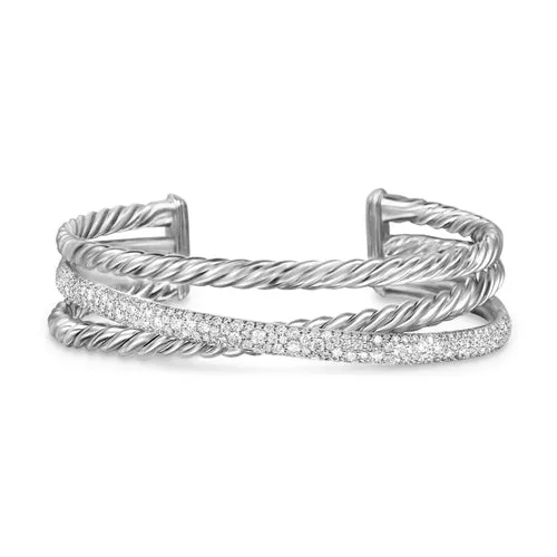 Crossover Three Row Cuff Bracelet in Sterling Silver with Diamonds, 20mm, Size Large