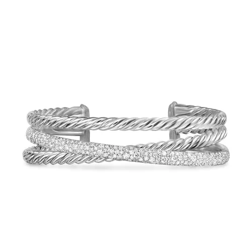 Crossover Three Row Cuff Bracelet in Sterling Silver with Diamonds, 20mm, Size Large
