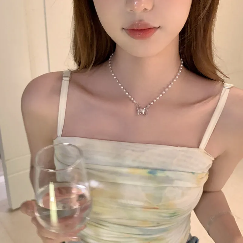 Crystal Butterfly Pearl Necklace  HA2157