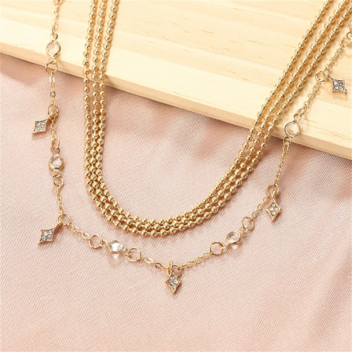 Cubic Zirconia & 18K Gold-Plated Ball Chain Layered Station Necklace