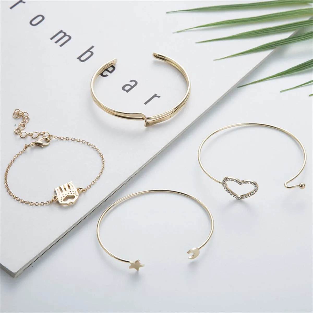 Cubic Zirconia & 18K Gold-Plated Moon & Stars Cuff Bracelet Set