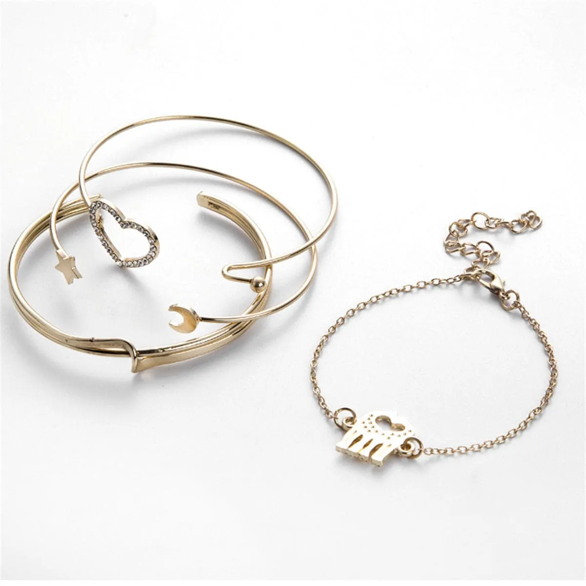 Cubic Zirconia & 18K Gold-Plated Moon & Stars Cuff Bracelet Set