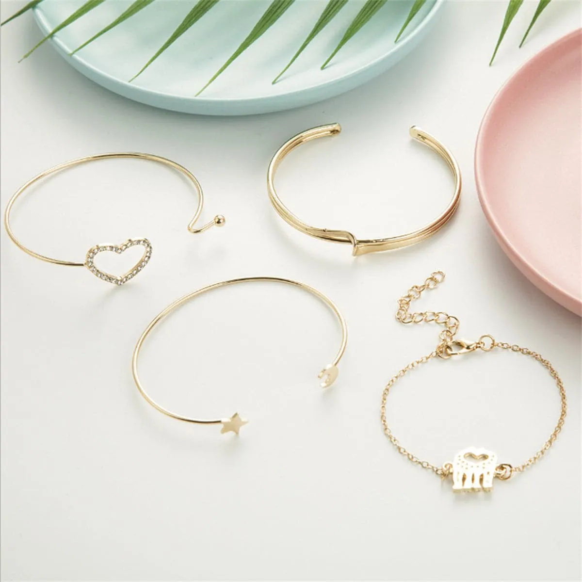Cubic Zirconia & 18K Gold-Plated Moon & Stars Cuff Bracelet Set