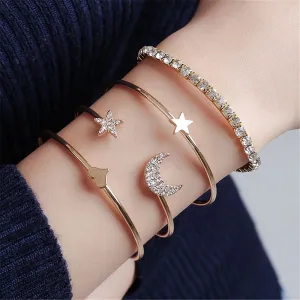 Cubic Zirconia & 18K Gold-Plated Stars Moon Bangle Cuff Set