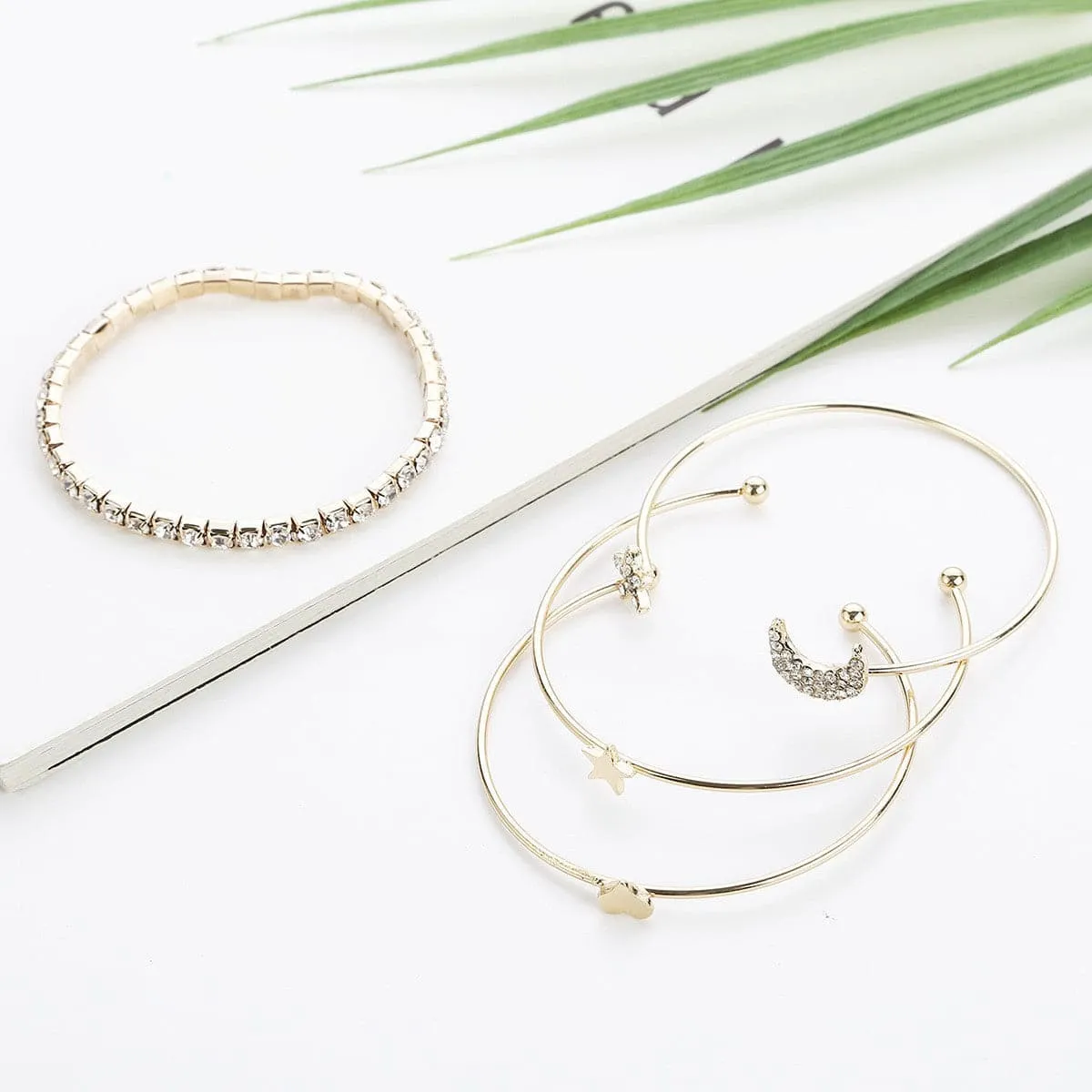 Cubic Zirconia & 18K Gold-Plated Stars Moon Bangle Cuff Set