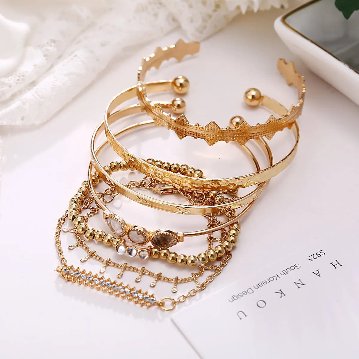Cubic Zirconia & Crystal Textured Geometric Bracelet Set