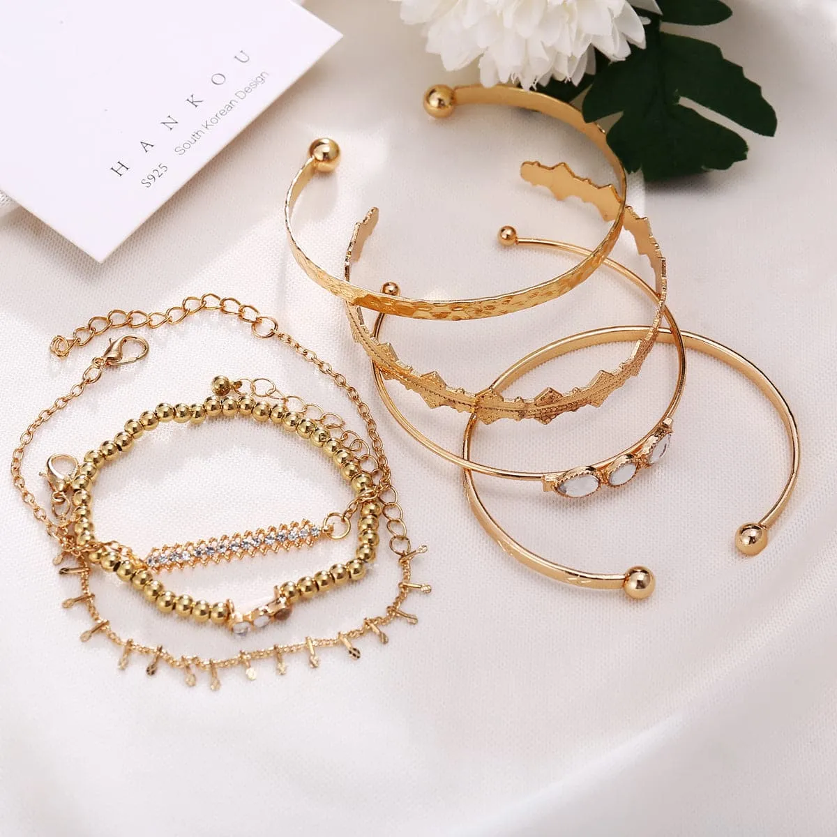 Cubic Zirconia & Crystal Textured Geometric Bracelet Set