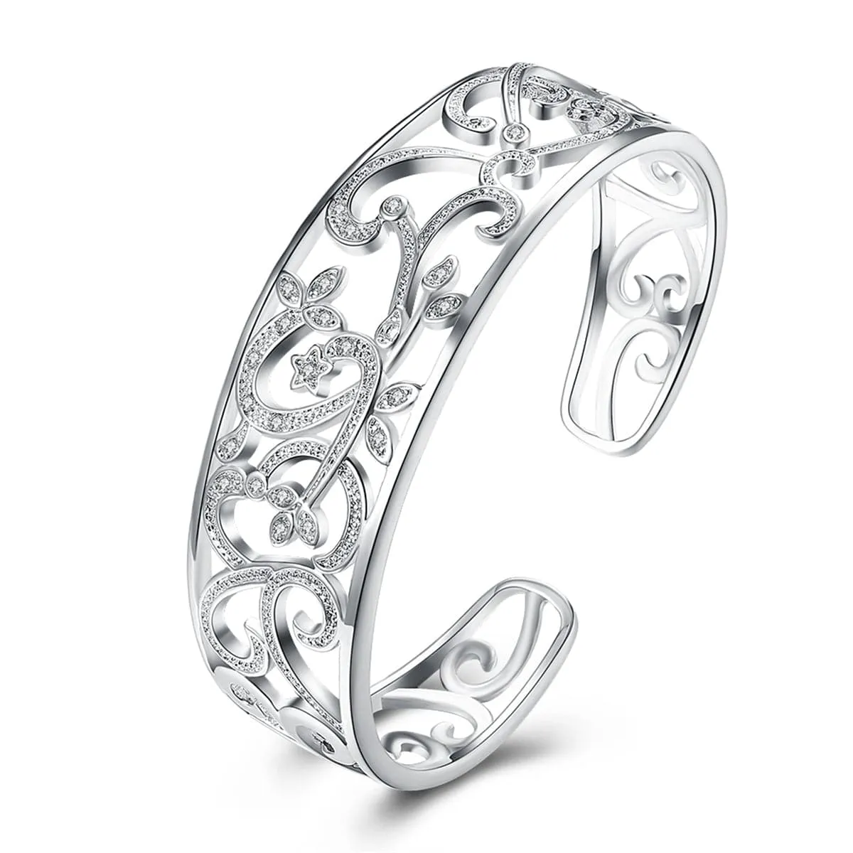 Cubic Zirconia & Silver-Plated Filigree Cuff
