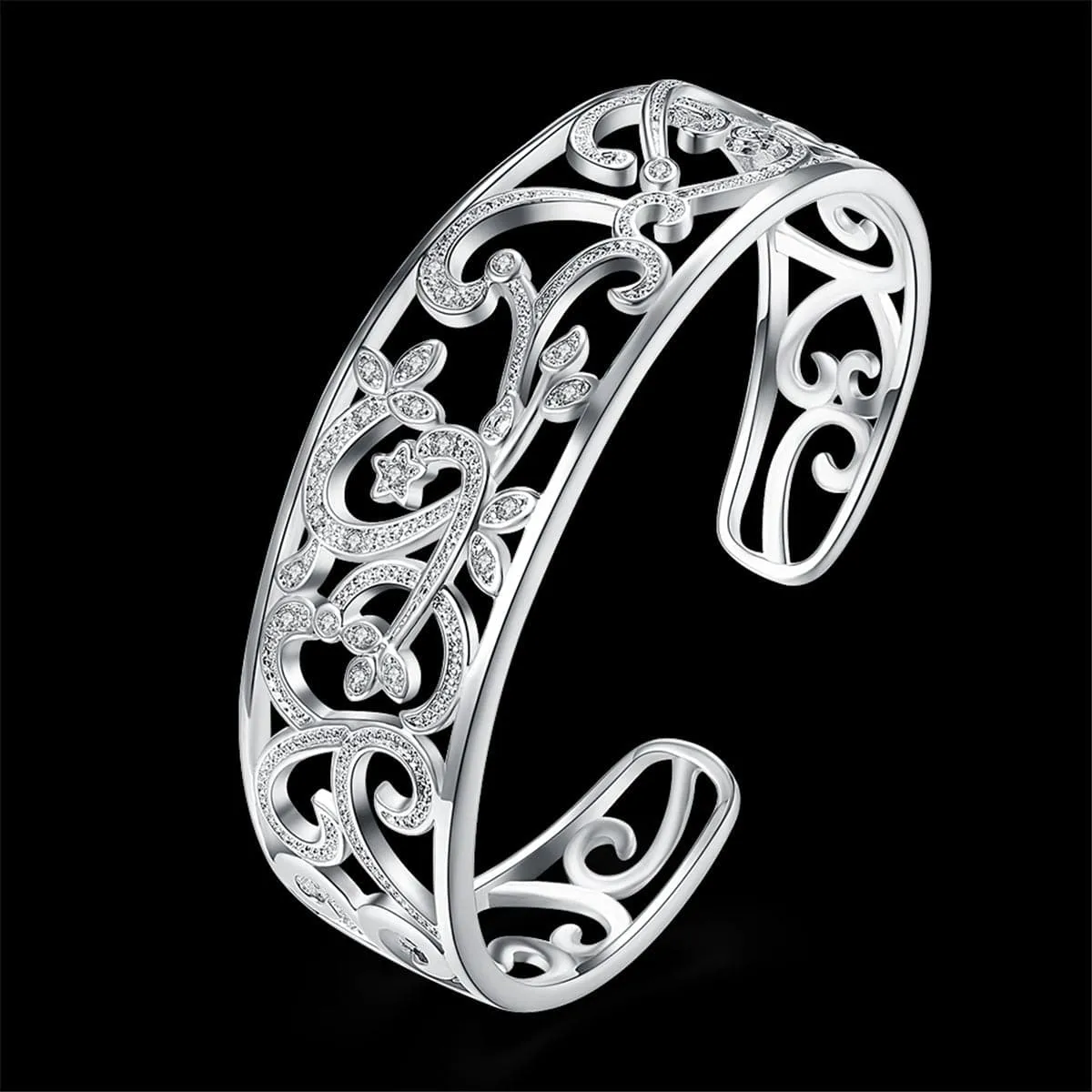 Cubic Zirconia & Silver-Plated Filigree Cuff
