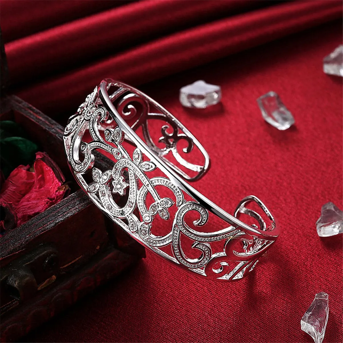 Cubic Zirconia & Silver-Plated Filigree Cuff