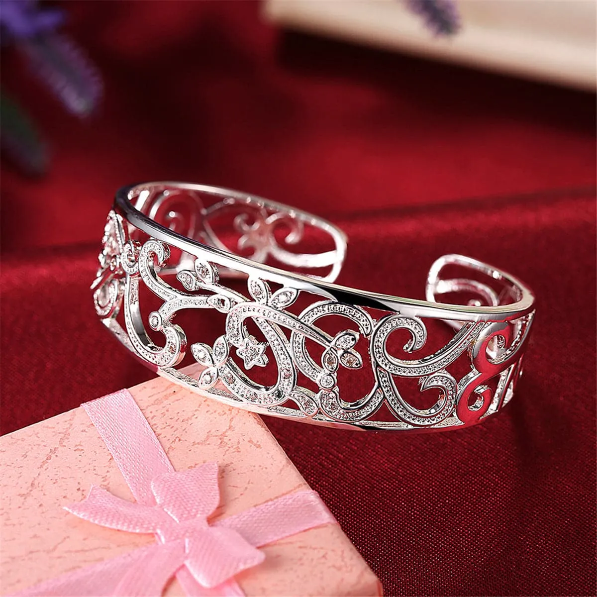 Cubic Zirconia & Silver-Plated Filigree Cuff