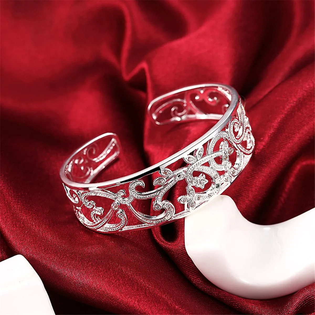 Cubic Zirconia & Silver-Plated Filigree Cuff