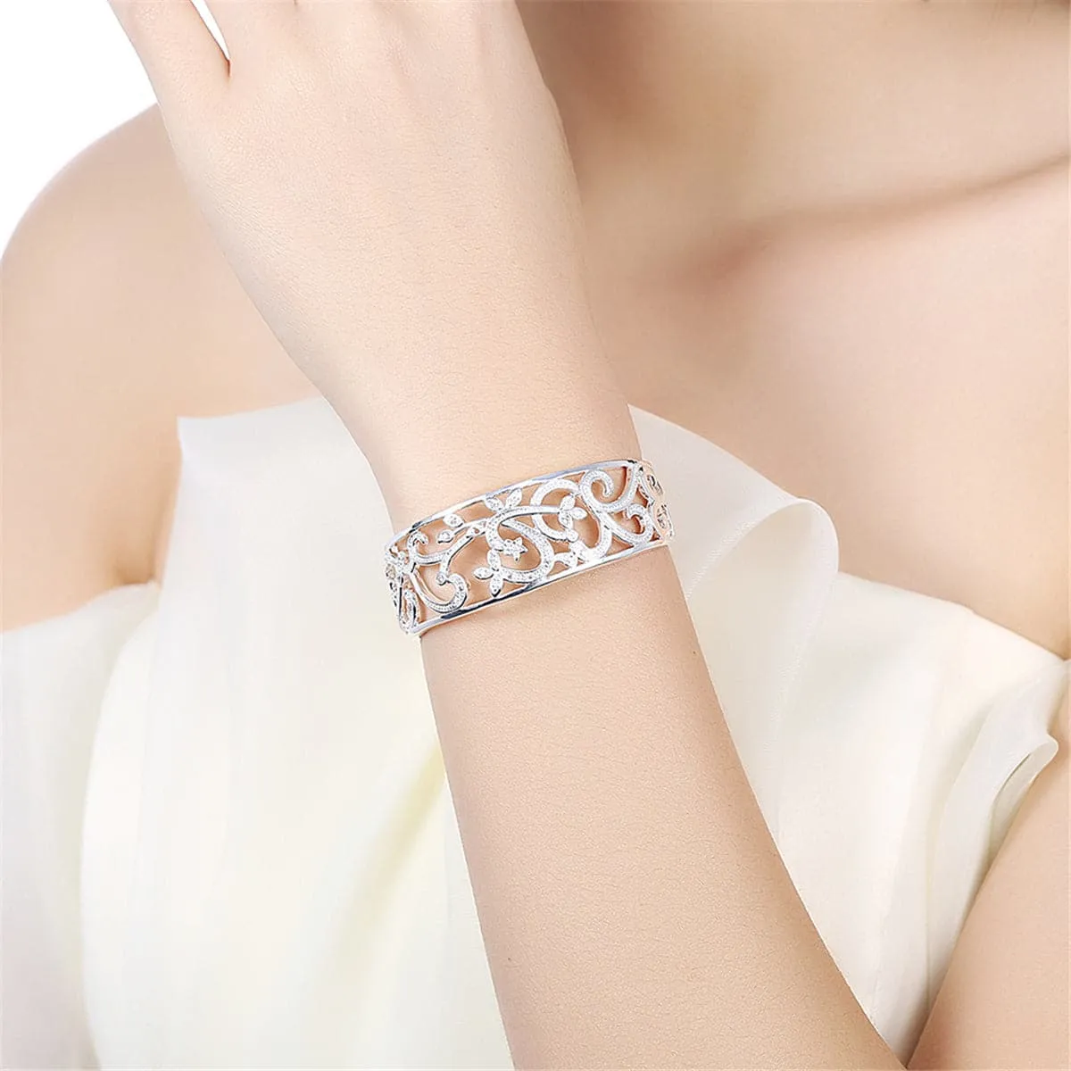 Cubic Zirconia & Silver-Plated Filigree Cuff