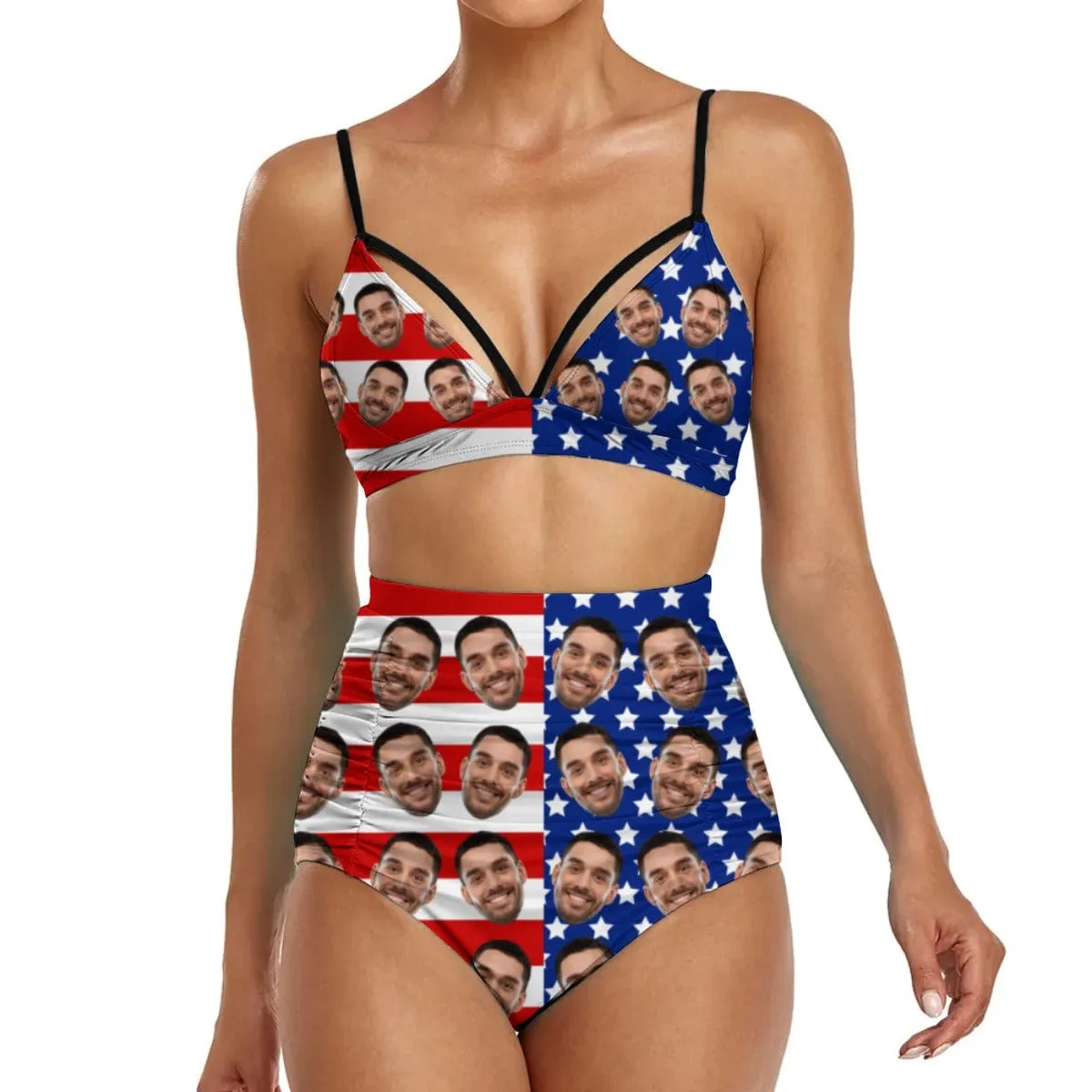 Custom Face USA Flag Style Triangle Bikini Personalized Two-piece Swimsuit