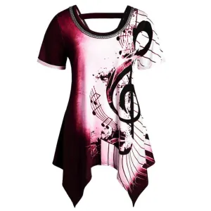 Custom T-shirt Women Plus Size Short Sleeve Musical Note Print Top