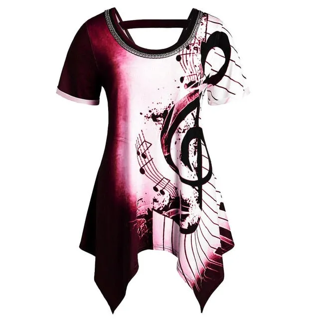 Custom T-shirt Women Plus Size Short Sleeve Musical Note Print Top