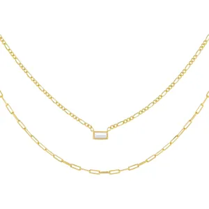 CZ Baguette Figaro X Oval Link Necklace