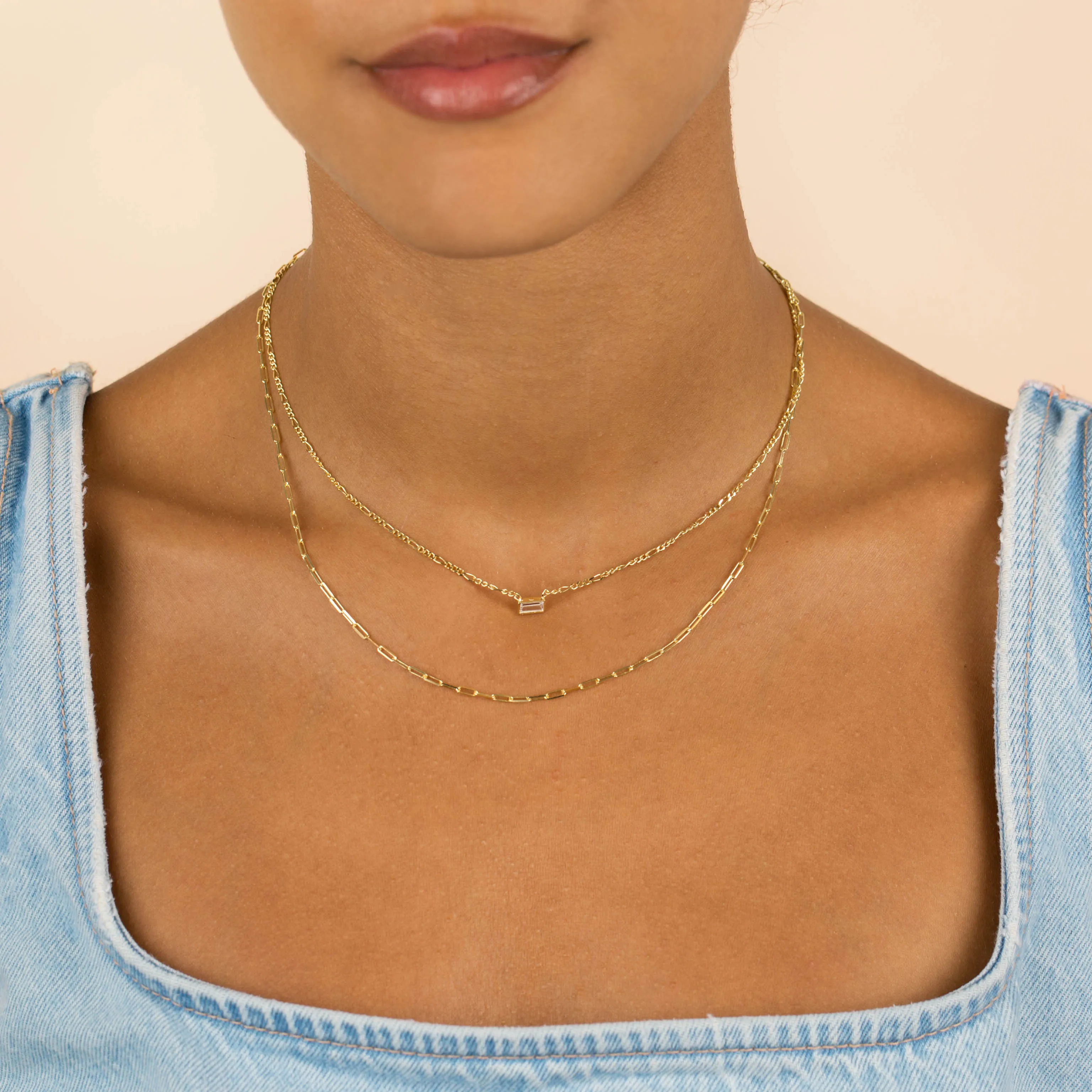 CZ Baguette Figaro X Oval Link Necklace