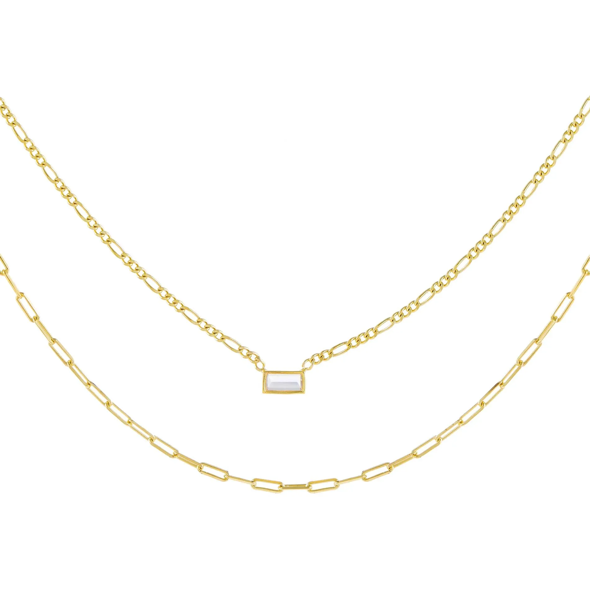 CZ Baguette Figaro X Oval Link Necklace